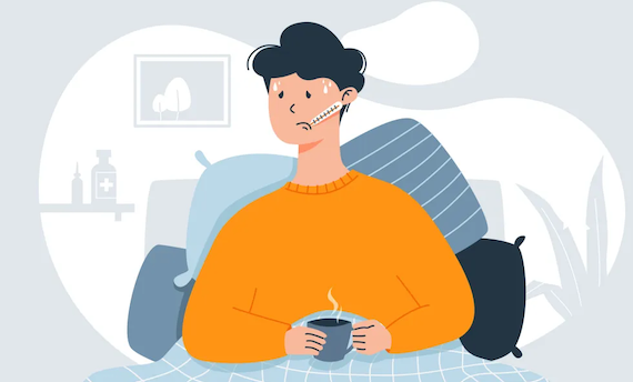 Cartoon of person in bed with tea in hand and thermometer in mouth